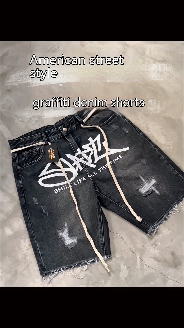 Destruktive Wirkung Graffiti Denim Shorts