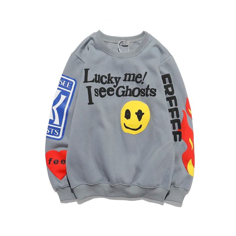 Retro Letter Flame Puff Print Round Neck Sweatshirts