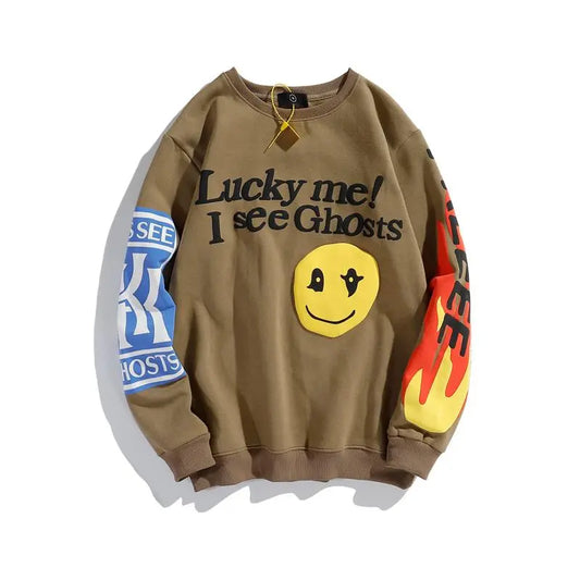 Retro Letter Flame Puff Print Round Neck Sweatshirts