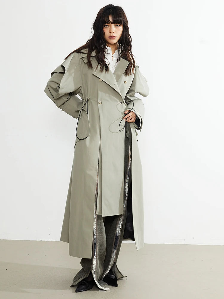 Green Drawstring Irregular Big Size Long Trench