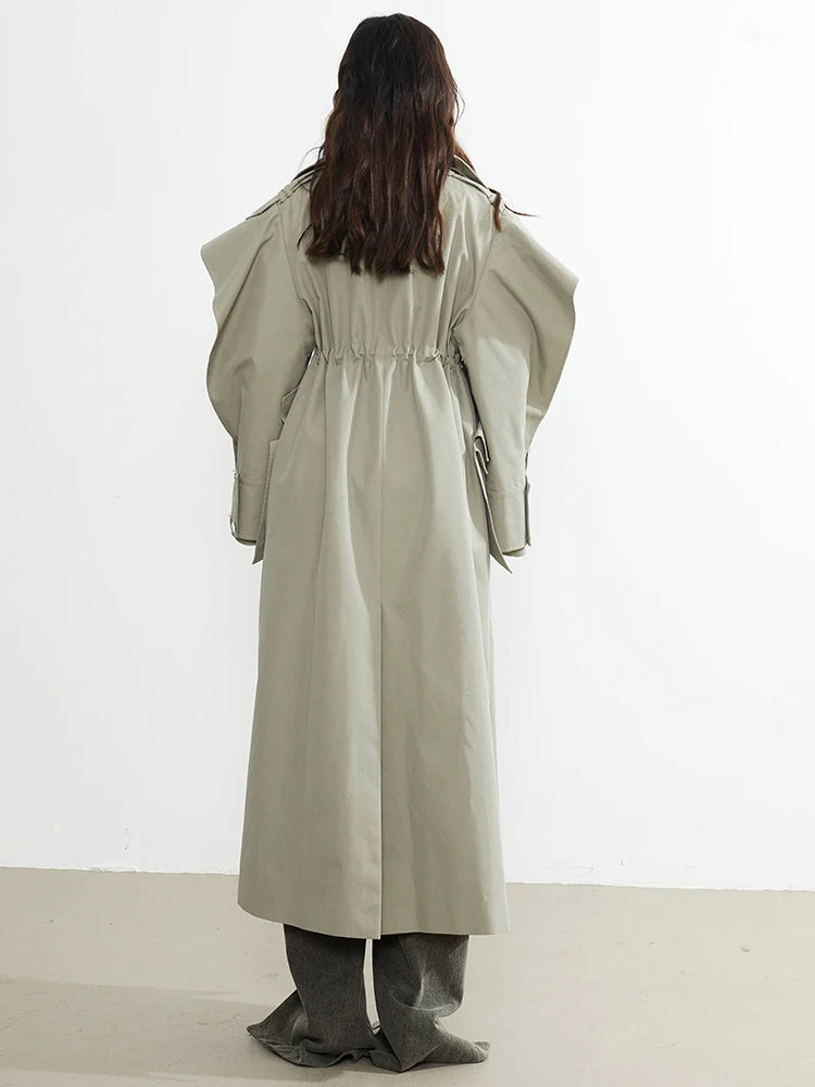 Green Drawstring Irregular Big Size Long Trench