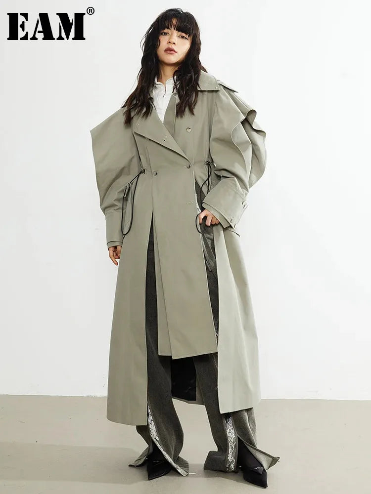 Green Drawstring Irregular Big Size Long Trench