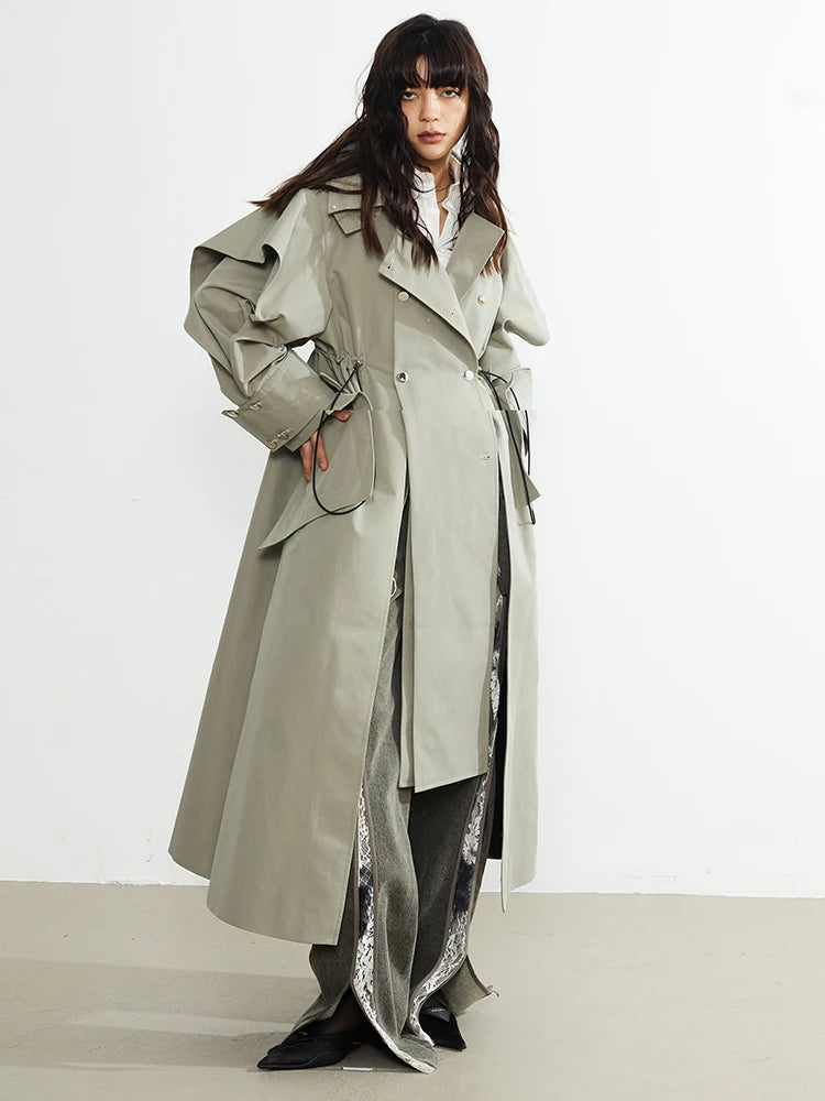 Green Drawstring Irregular Big Size Long Trench