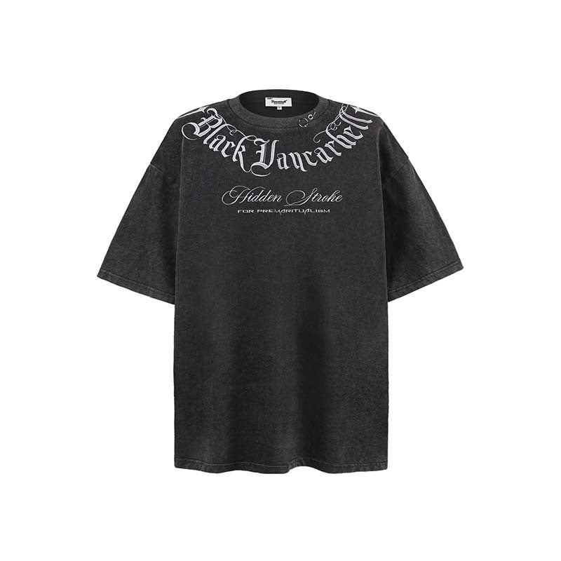 American Retro Washed Distressed Gothic Letter Embroidered Crew Neck Short Sleeve T-shirt For Men